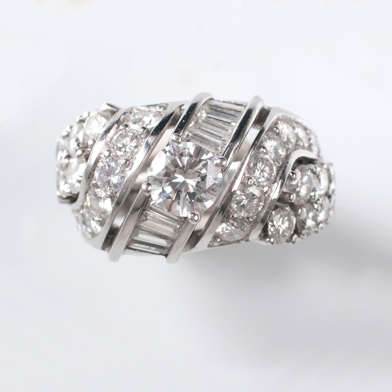 A platinum ring with highcarat diamond setting