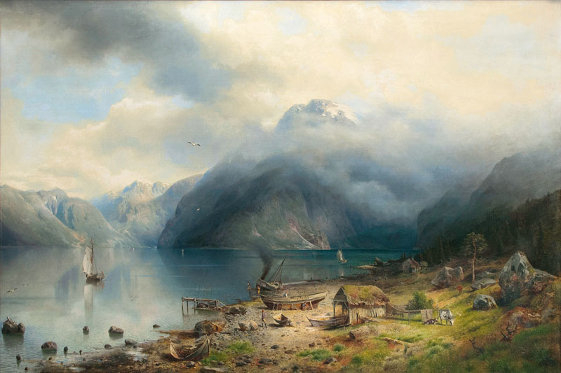 Norwegischer Fjord mit Fischern am Ufer