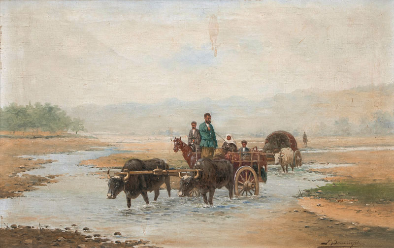 An Oxen Carriage passing a River