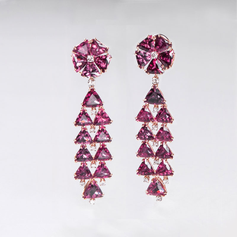A pair of tourmaline diamond ear chandeliers