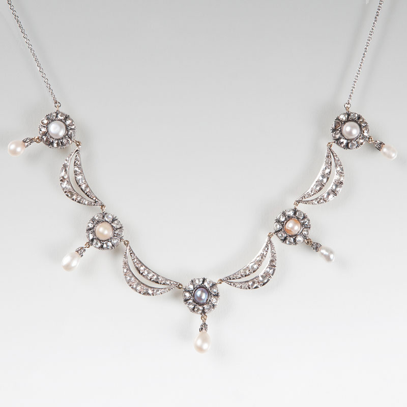 An Art Nouveau diamond necklace with natural pearls