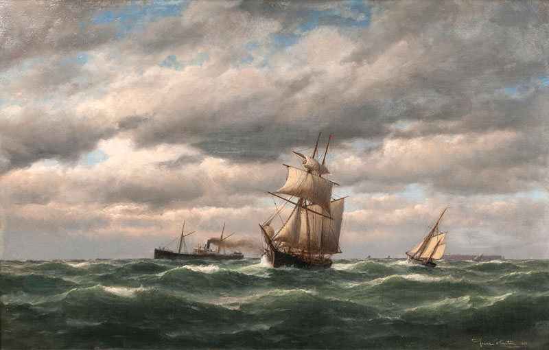 Segelschiffe und ein Dampfschiff vor Helgoland