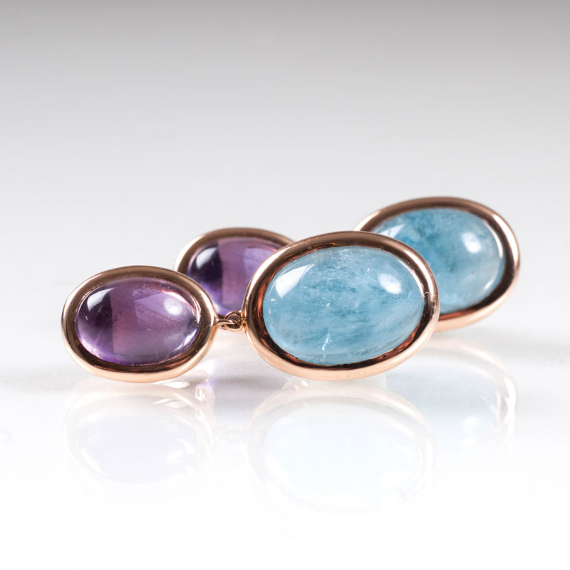 A pair of colourful aquamarine amethyst earpendants