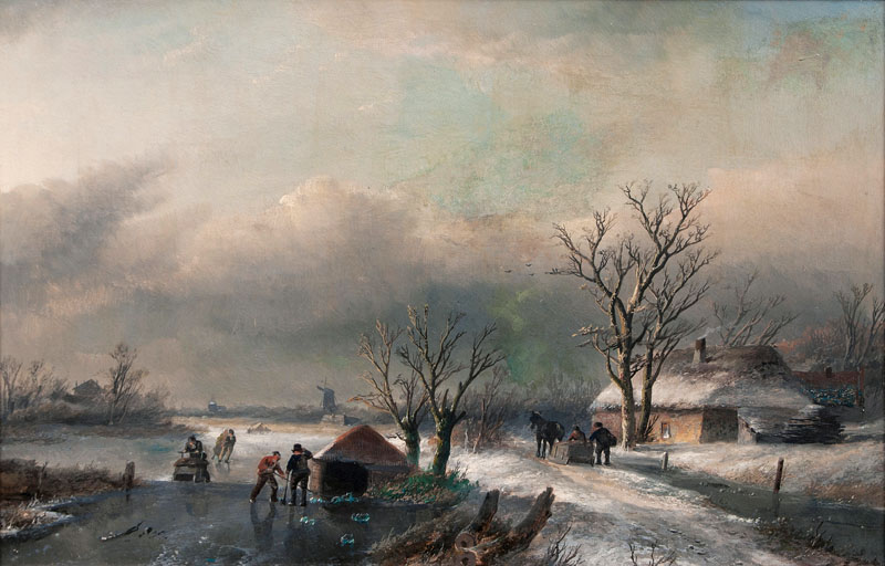 Winterlandschaft mit gefrorenem Fluß und Pferdeschlitten