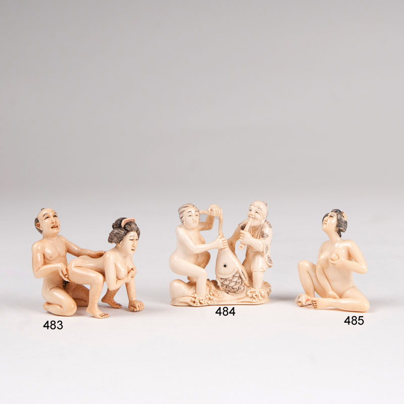 An erotic shunga-netsuke 'female nude at loveplay'