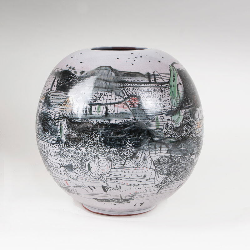 A large rounded ceramic-vase with landscape painting