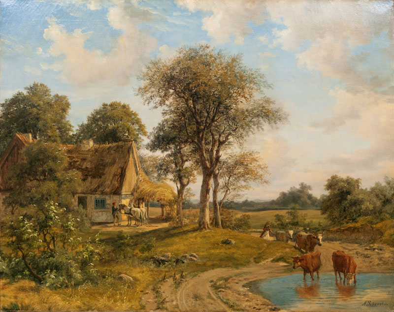Landschaft mit Kühen an der Tränke