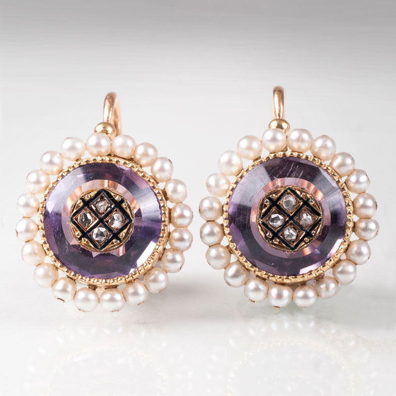A pair of Napoleon III amethyst earrings with pearls and diamonds