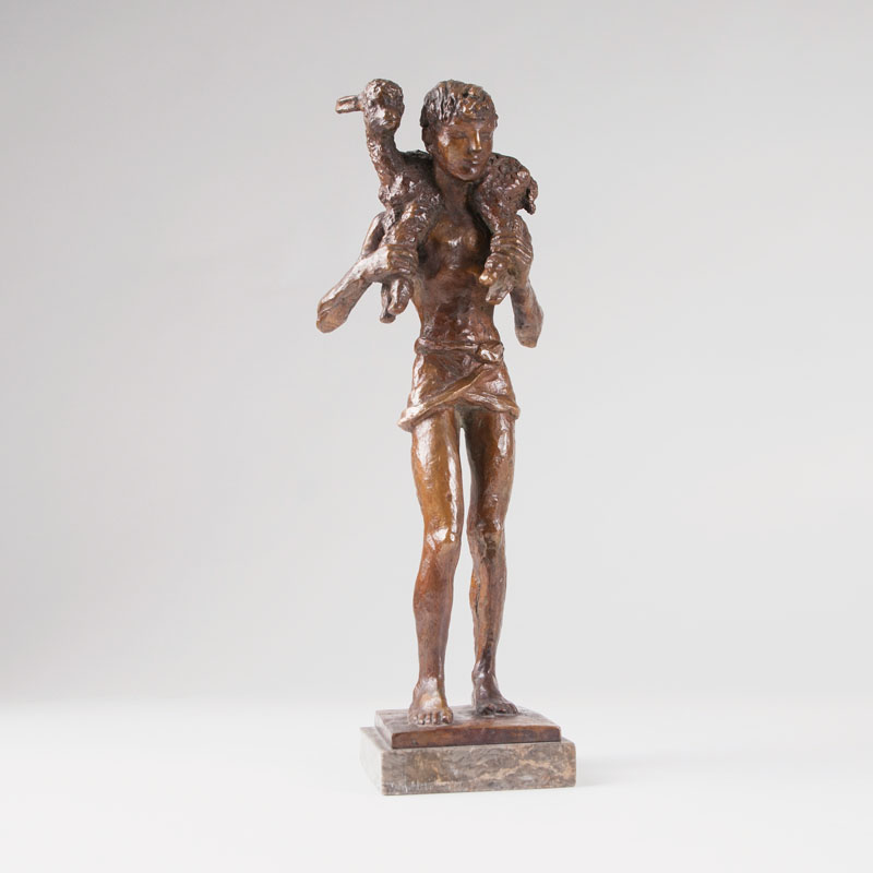 Seltene Bronze-Skulptur 'Junge mit Lamm'