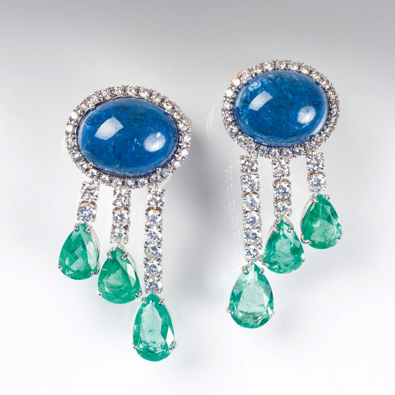 A pair of fine tanzanite emerald diamond earrings