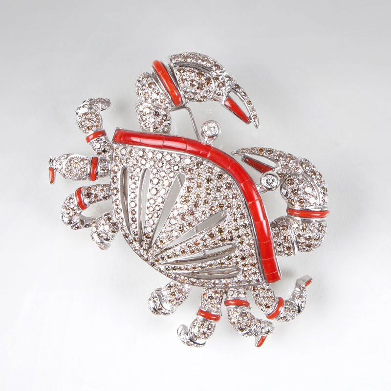 A splendid diamond coral brooch 'Crab' in french Vintage style