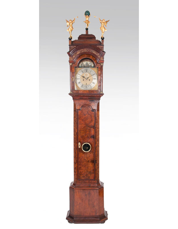 A Georgian longcase clock by Wilhelm Skitlethorp with rocking ship automaten set