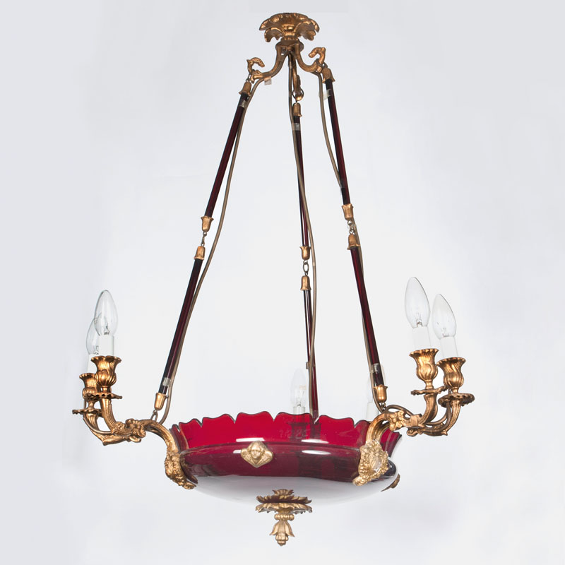 A Biedermeier ceiling crown with ruby glass bowl