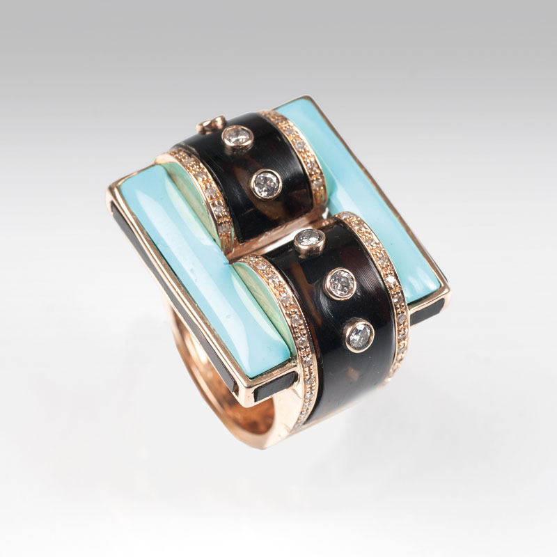 A turquoise agate ring with diamonds in Art Déco style