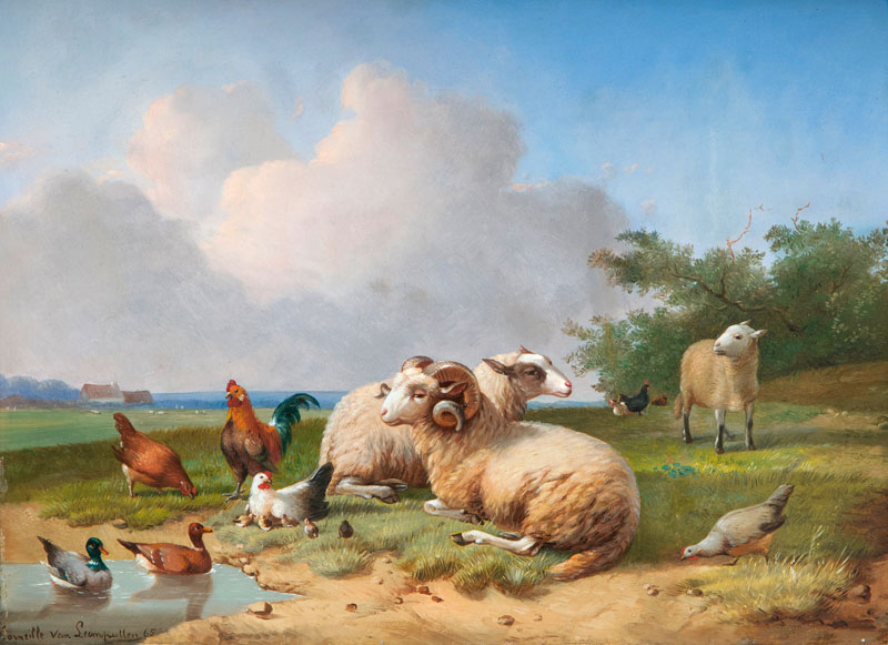 Sheep and Poultry by a Pond