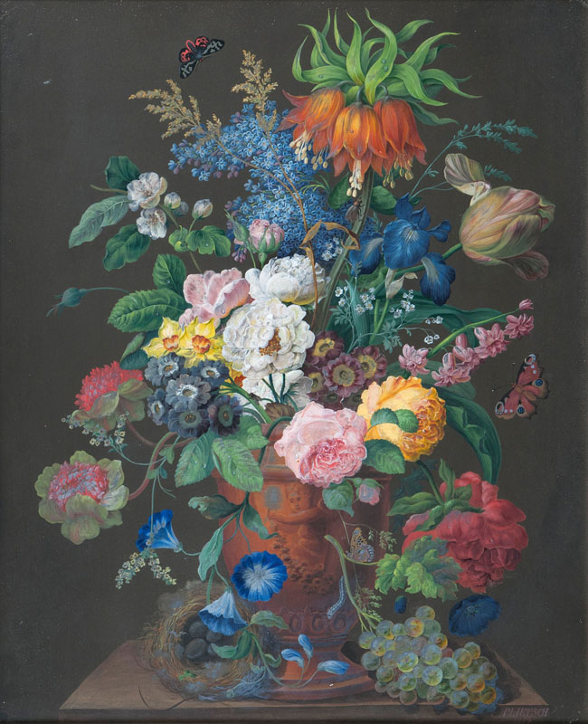 Üppiges Blumenbouquet mit einem Vogelnest