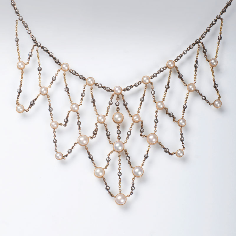 An Art Nouveau pearl diamond necklace