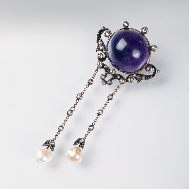 An Art Nouveau amethyst diamond brooch with pearls