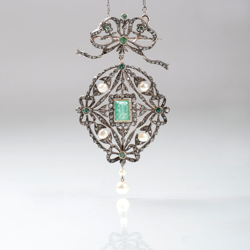 Belle Époche Smaragd-Diamant-Perl-Anhänger mit Kette