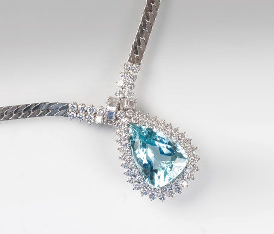 A splendid Vintage aquamarine diamond pendant by Henry Birks with necklace