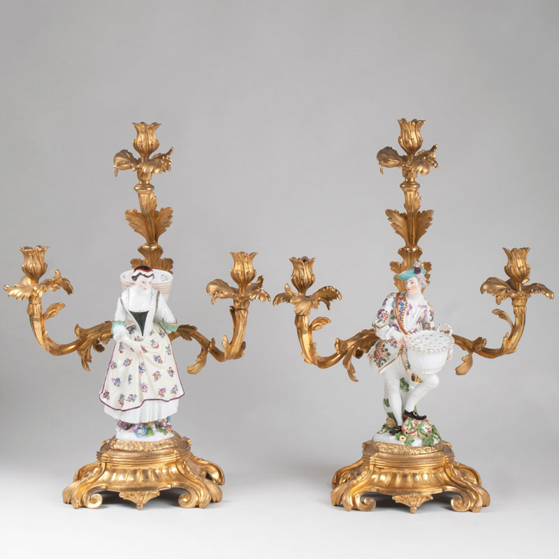 A pair of extraordinary, tall ormolu girandoles with Kaendler porcelain figures