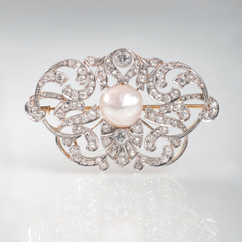 Jugendstil-Diamant-Brosche mit Naturperle