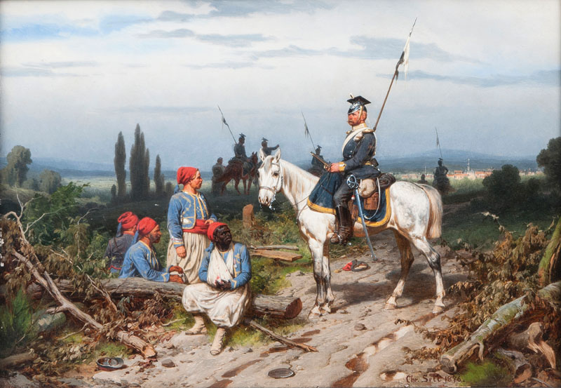 A Prussian Uhlan guarding French Zouaves