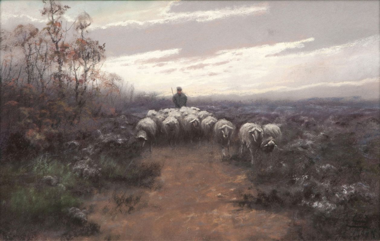 Shepherd with Flock, Dusk