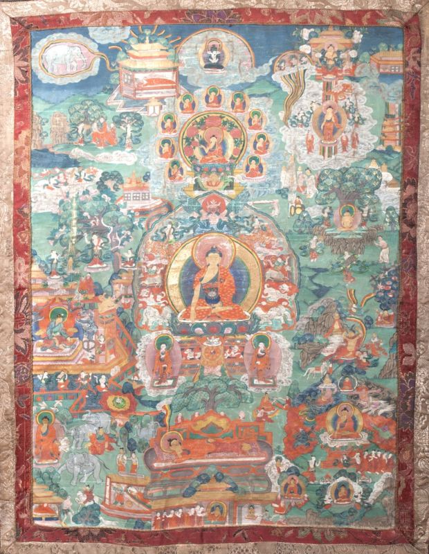 Thangka mit Darstellung der Lebensgeschichte des Buddha Shakyamuni