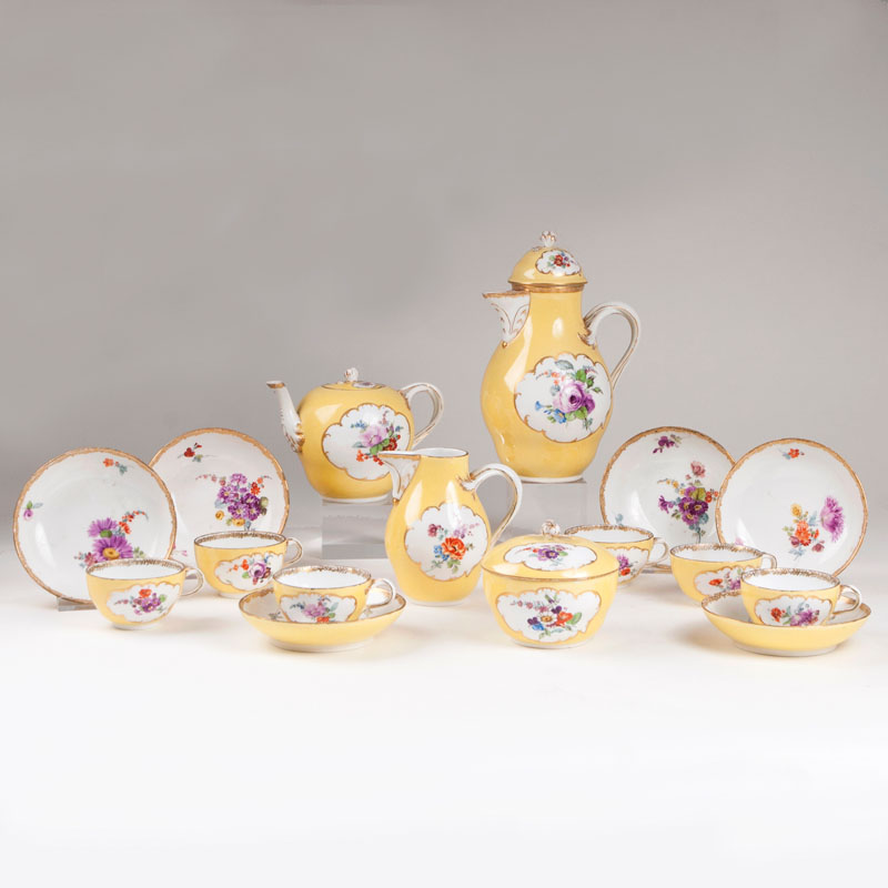 A coffee service for 6 persons with lemon yellow ground and flower painting