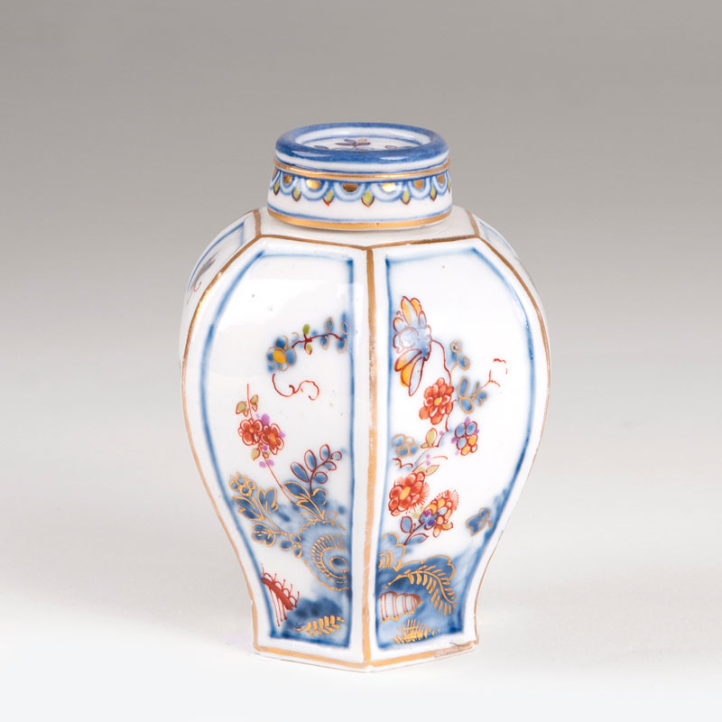 A rare hexagonal tea caddy with flowers and insects