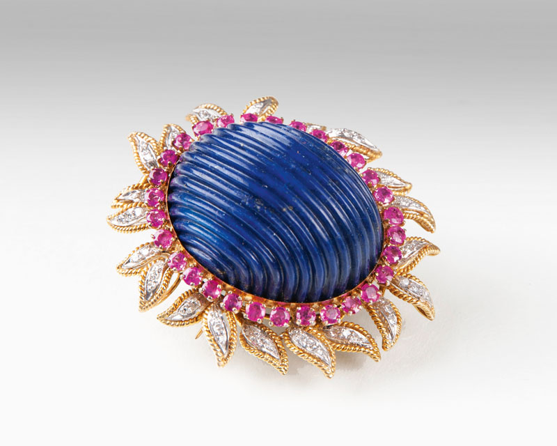 A Vintage lapis lazuli brooch with rubies and diamonds