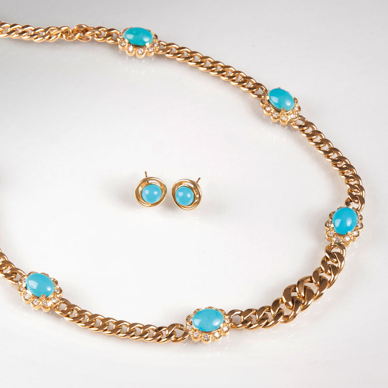 A turquouise diamond jewellery set with necklace and earstuds