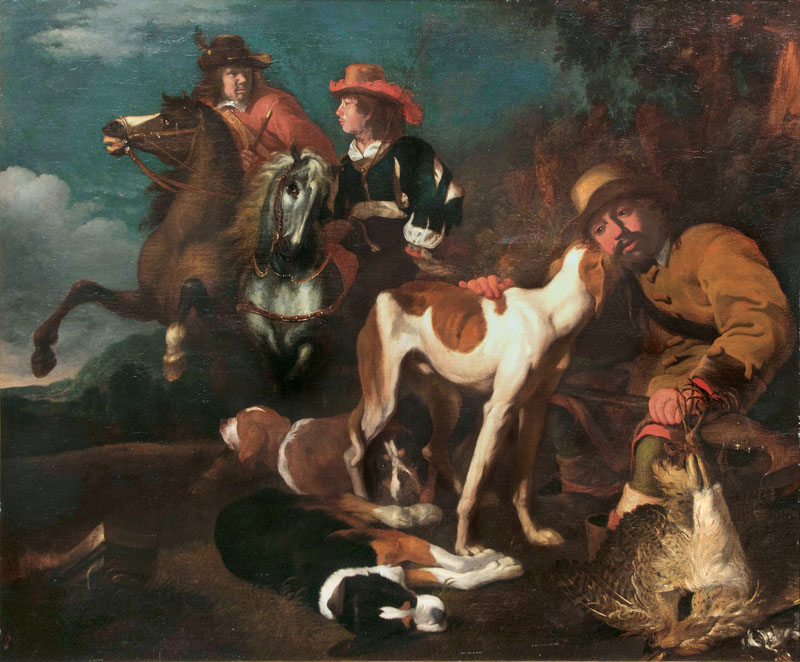 Rastender Jäger mit Hunden