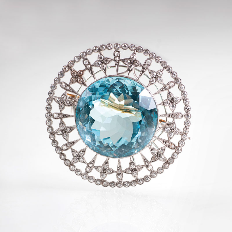 An Art Nouveau aquamarine diamond brooch