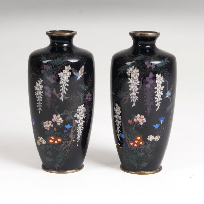 A pair of small Cloisonné Rouleau Vases with listeria decor