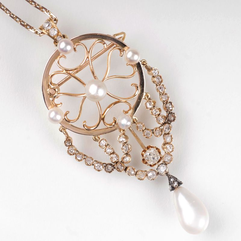 An antique french pendant with natural pearl and diamonds