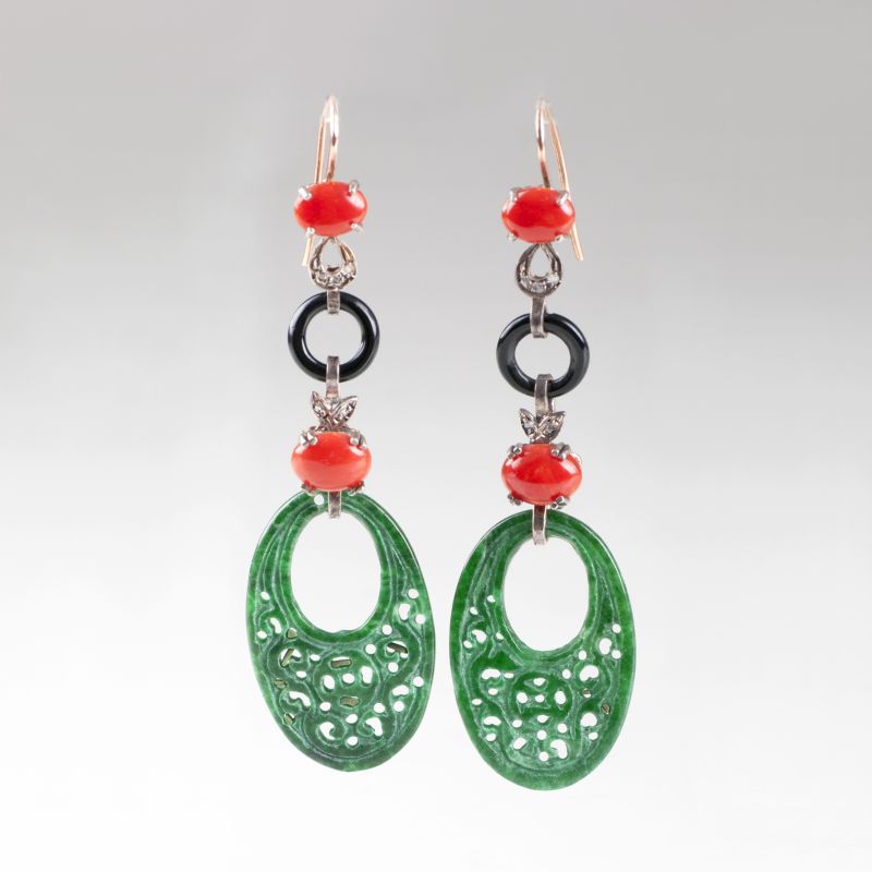 A pair of jade coral earpendants