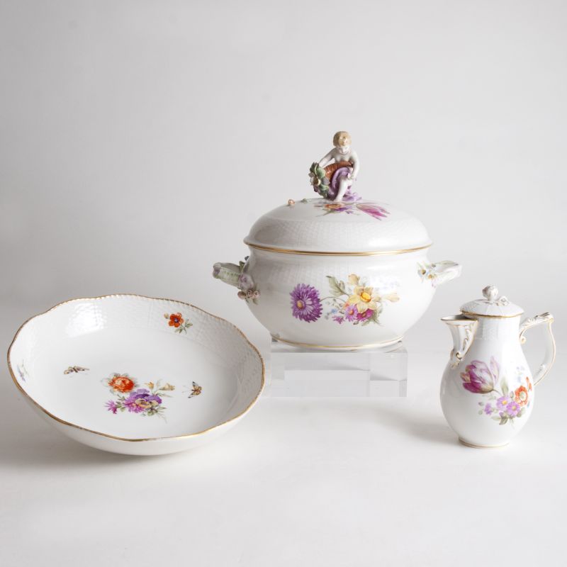 A set of 3 KPM porcelain pieces with flower painting