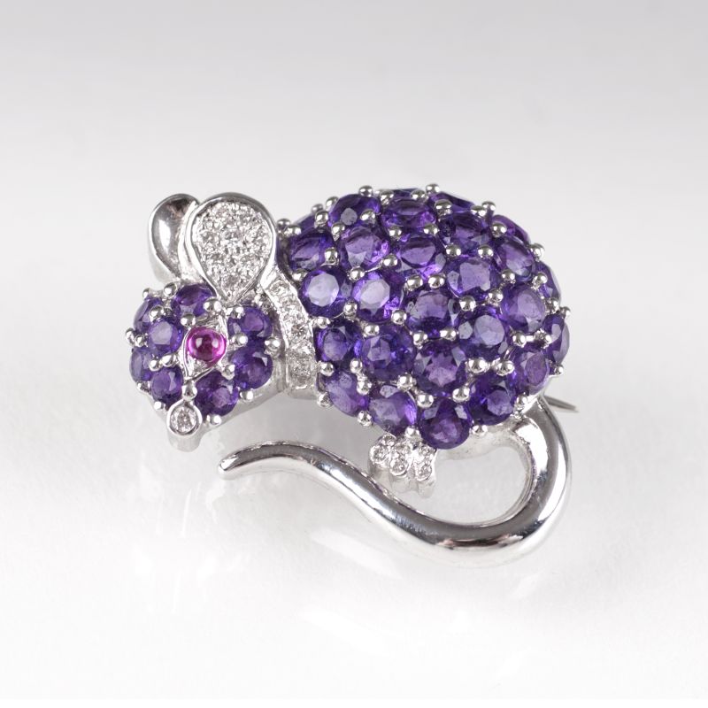 Kleine Amethyst-Brillant-Brosche 'Maus'