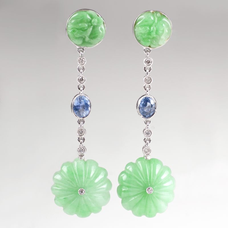 A pair of jade sapphire earpendants