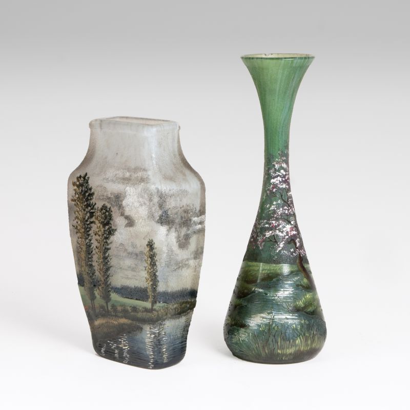 Paar Jugendstil-Vasen mit Landschafts-Dekor