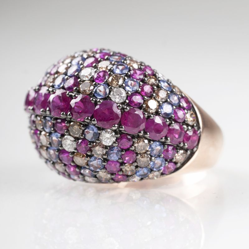 A fine precious stone ring with rubies, tanzanite and diamonds