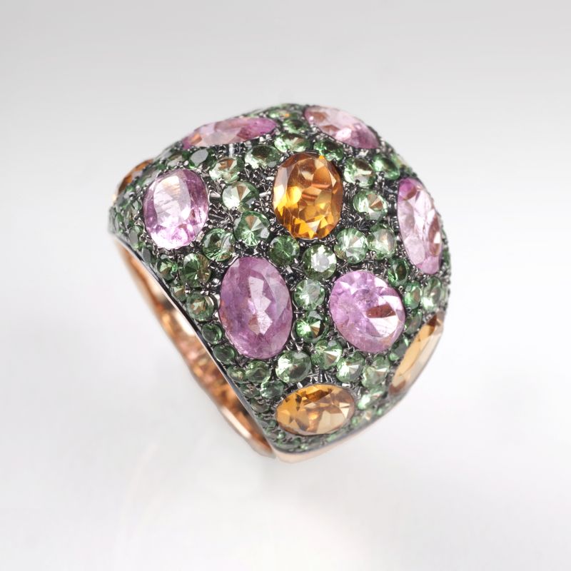 A modern, colourful ring with pink-tourmaline, citrine and tsavorith