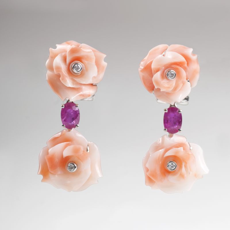 A pair of coral ruby earpendants with roses