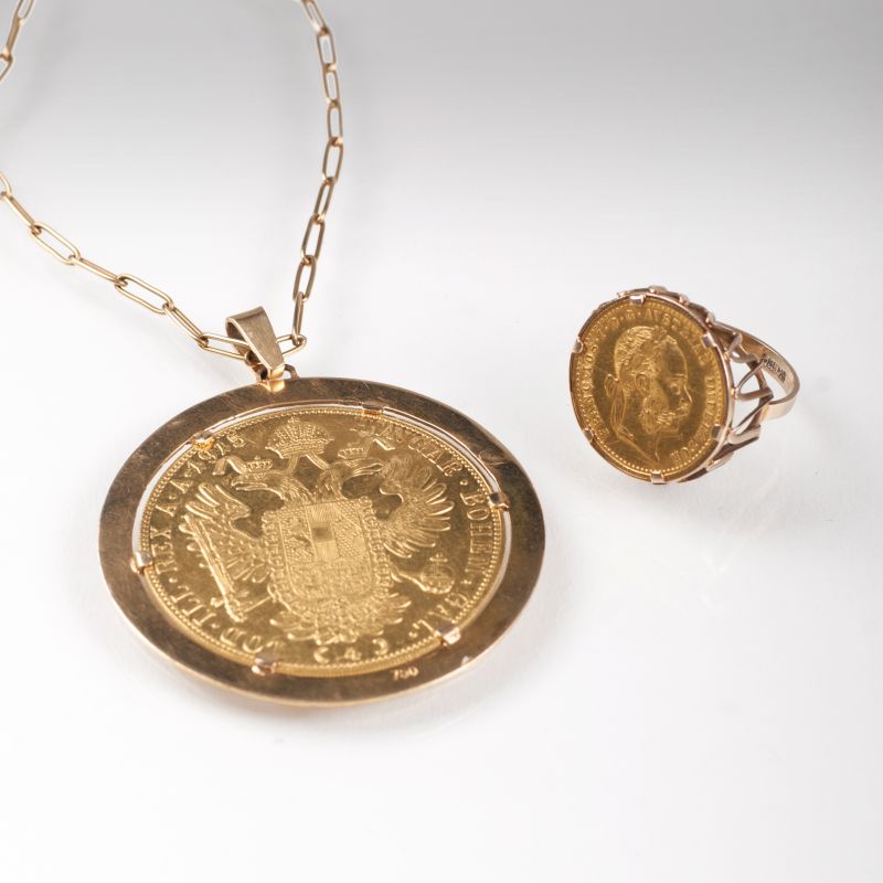 A ducats jewellery set with ring and pendant 'Emperor Francis Joseph'