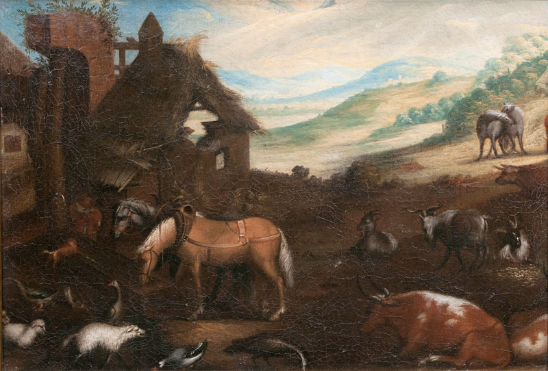 Paar Gegenstücke: Pferde an der Tränke und ruhendes Vieh