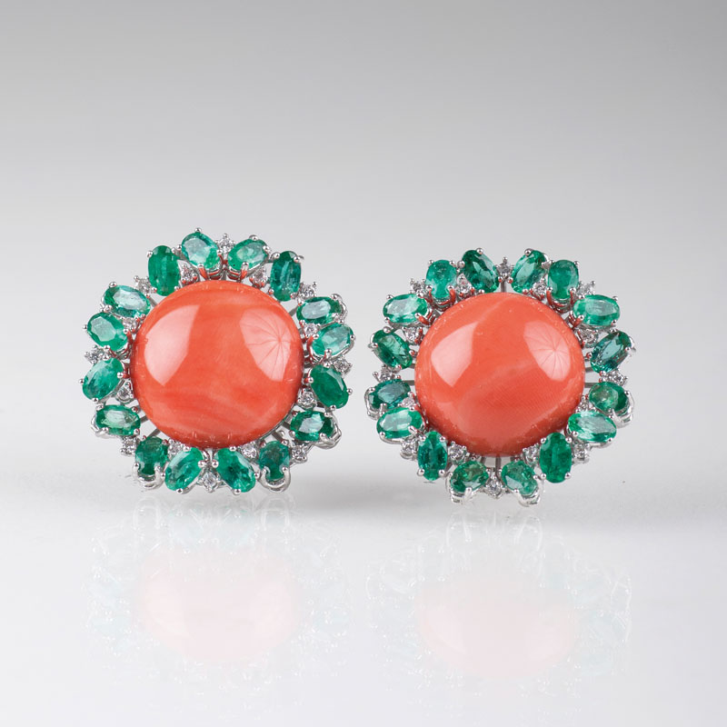 A pair of large earstuds with coral, emeralds and diamonds