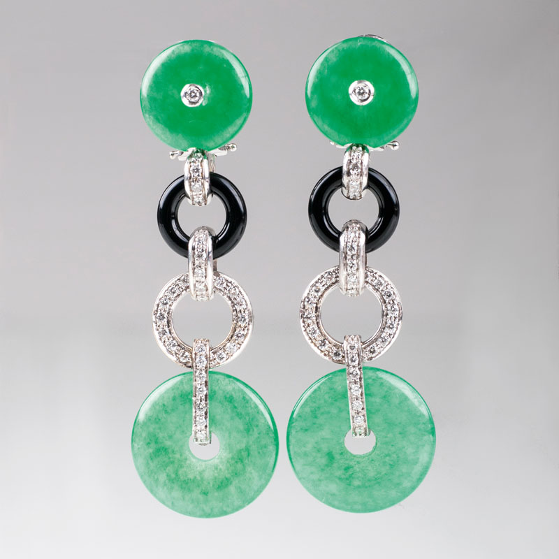A pair of jade onyx diamond earpendants in the style of Art Déco