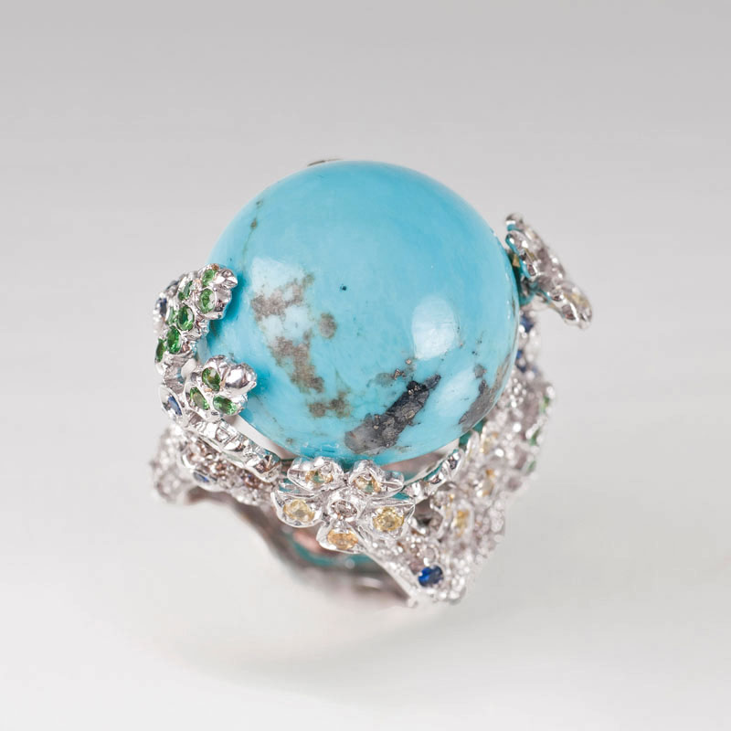 A turquoise sapphire diamond ring with floral design - image 2